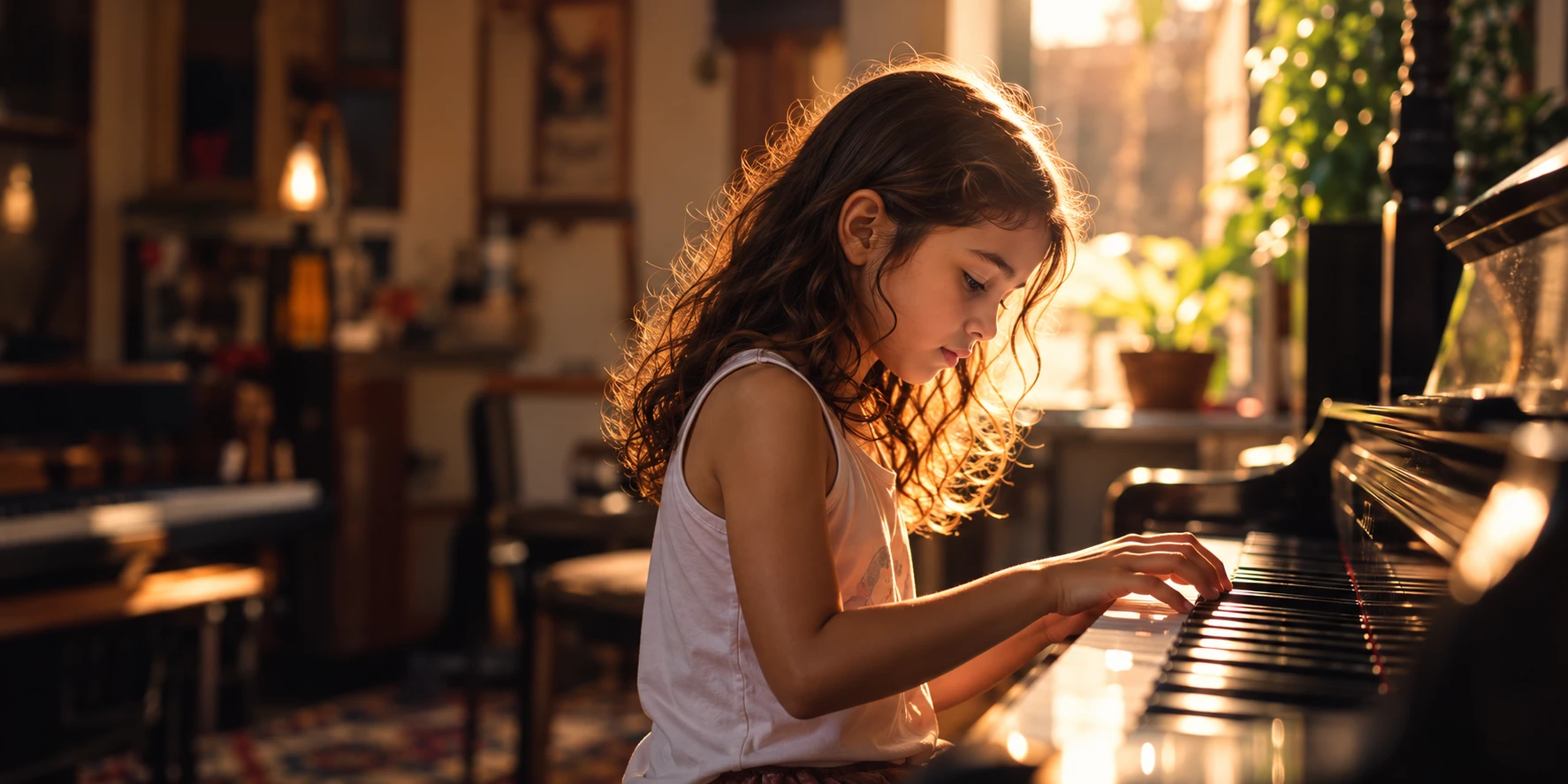 Criança tocando piano em um ambiente acolhedor, iluminado pelo sol