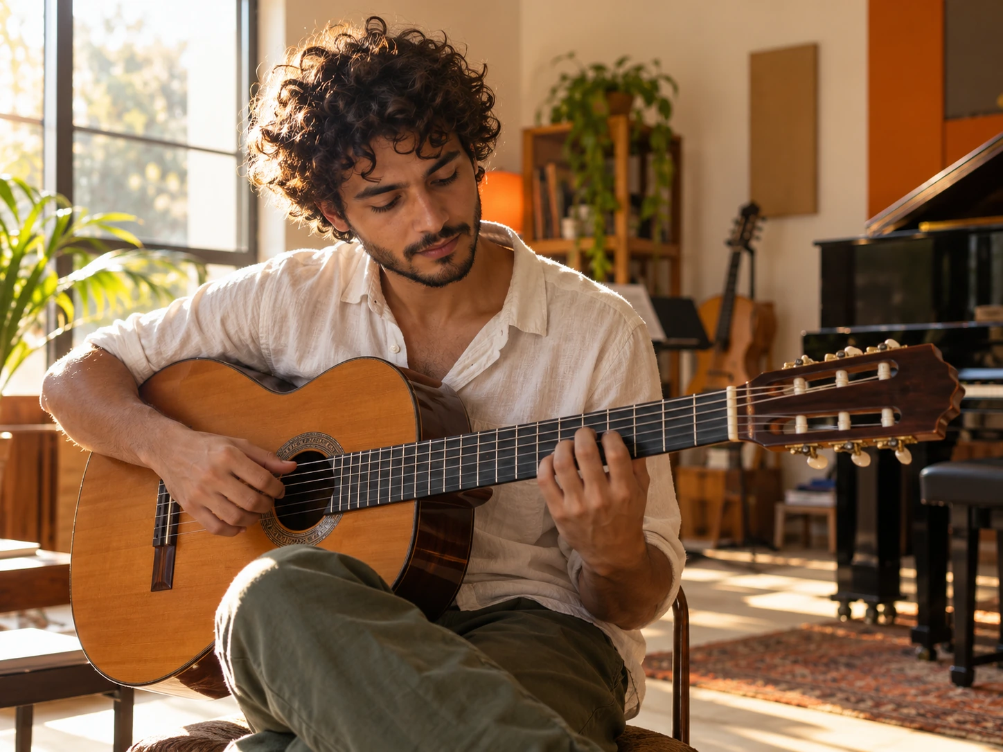 Jovem tocando violão à luz natural